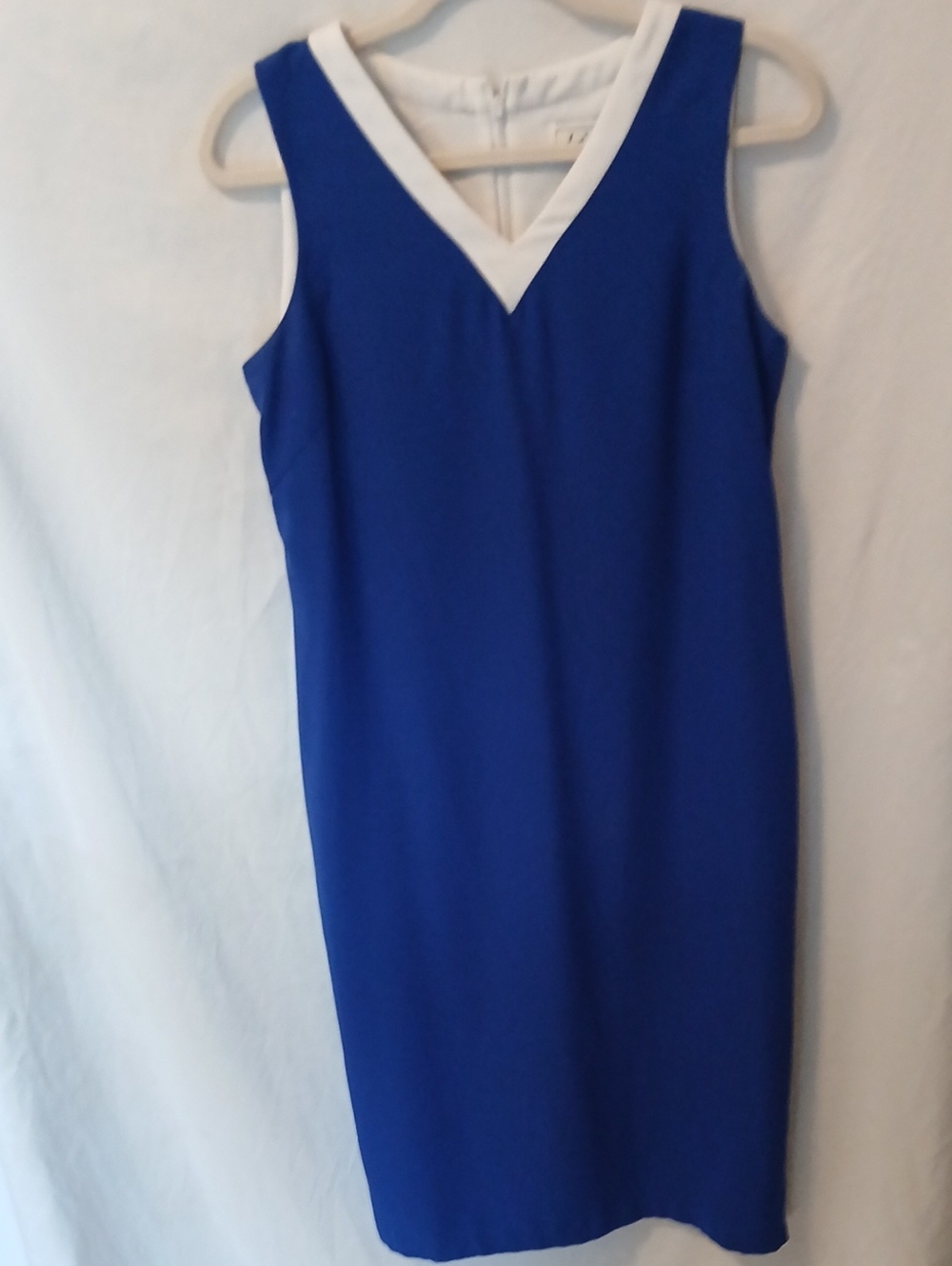 Classic Blue Sheath Dress with White V-Neck Trim